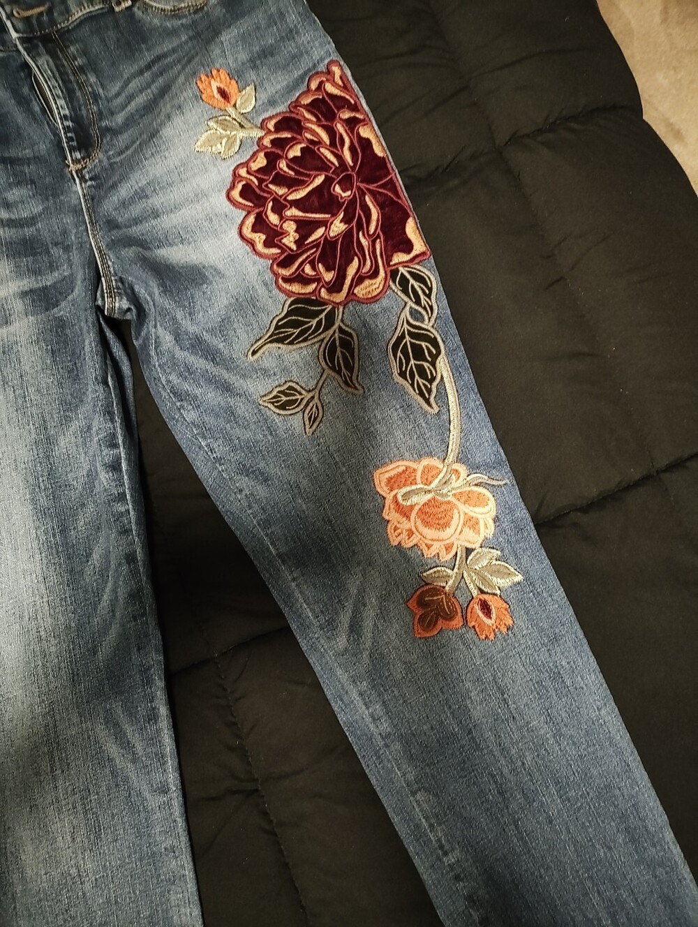 Chico's Blue Straight-Leg Jeans with Floral Embroidery - Picture 3 of 10